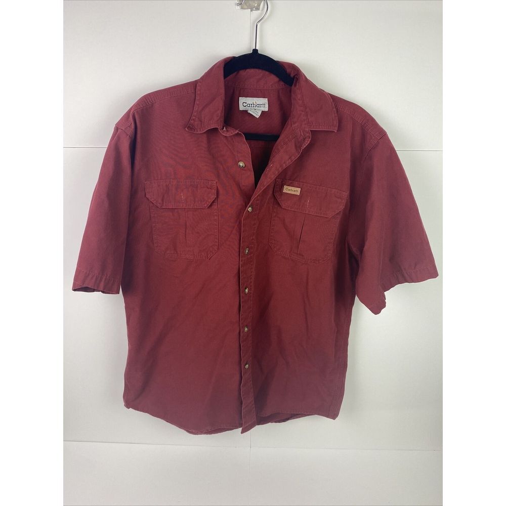 CARHARTT Men's Button Up Shirt Size M Heavy‎ Cotton Maroon Pocket Short Sleeve